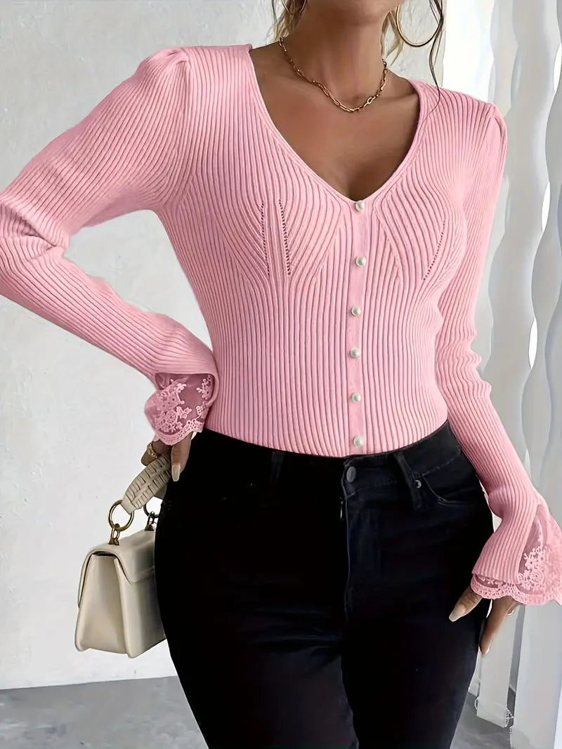Ribbed V-Neck Top with Lace Sleeves