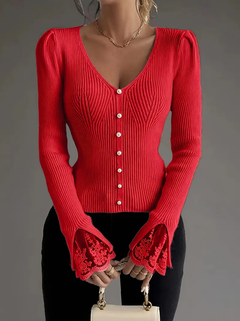 Ribbed V-Neck Top with Lace Sleeves