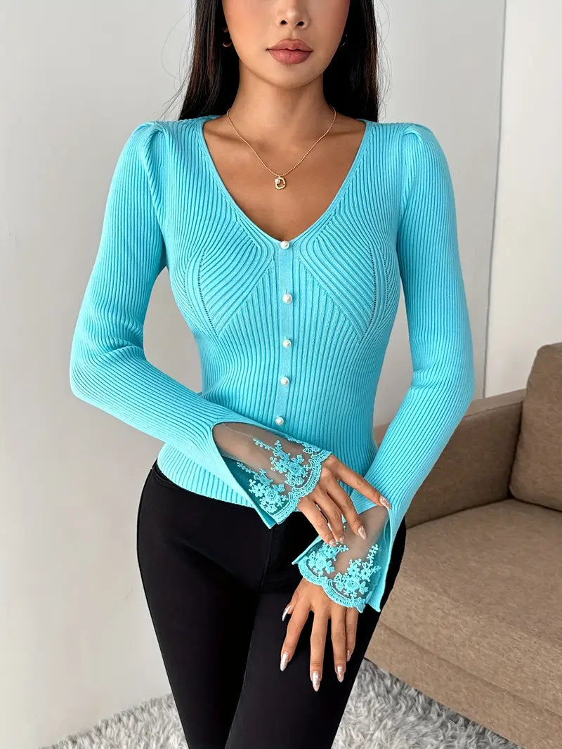 Ribbed V-Neck Top with Lace Sleeves