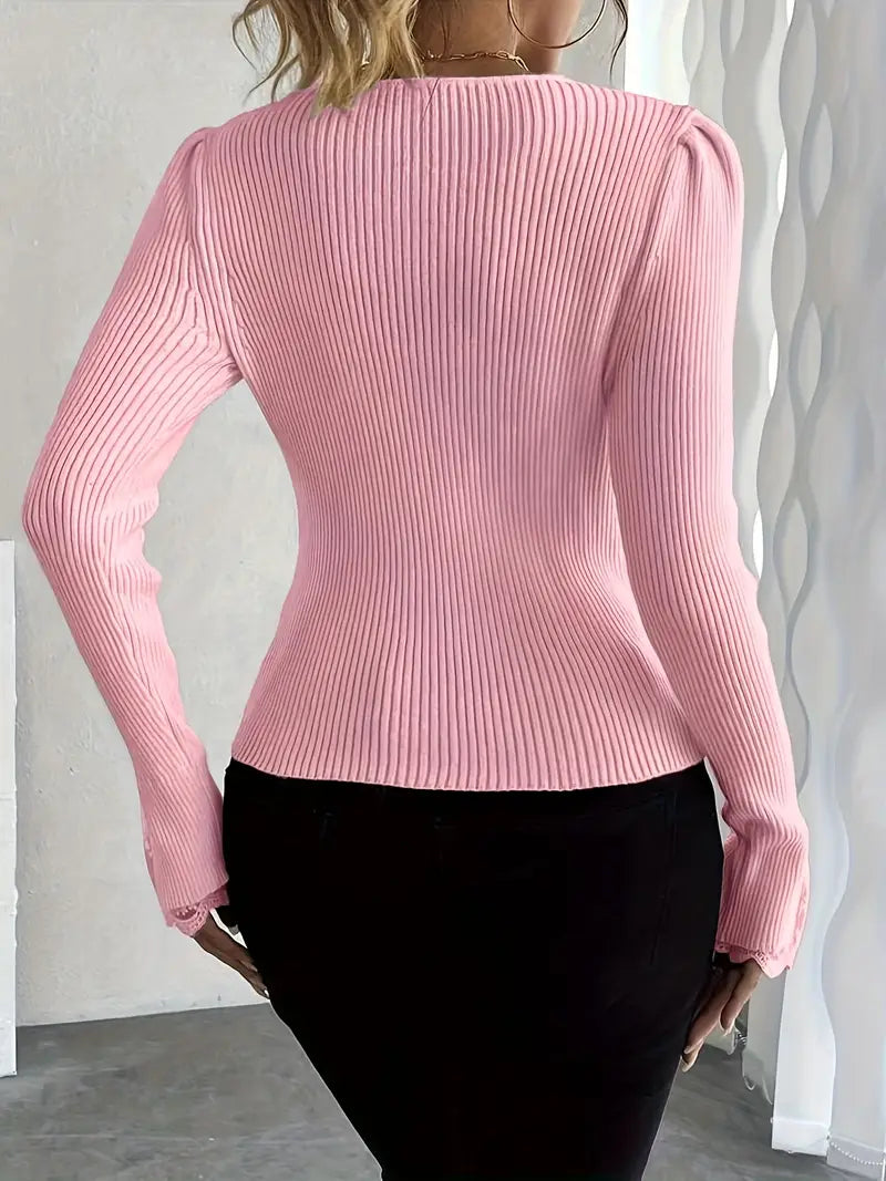 Ribbed V-Neck Top with Lace Sleeves