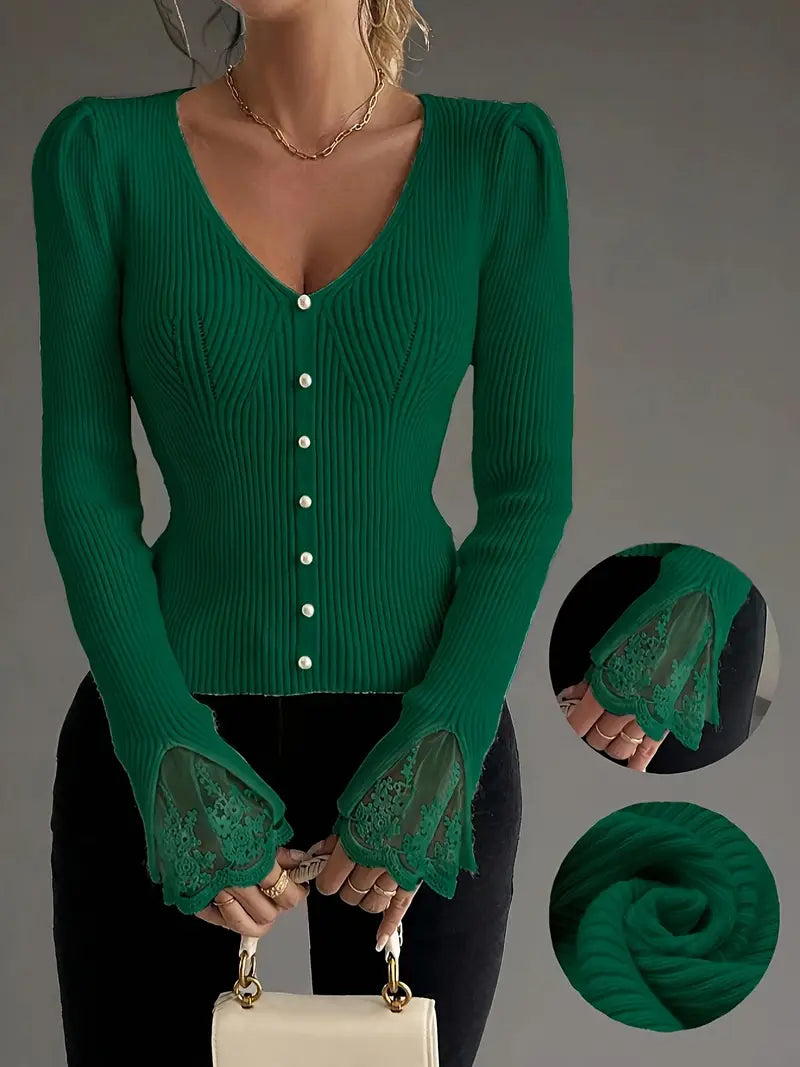 Ribbed V-Neck Top with Lace Sleeves