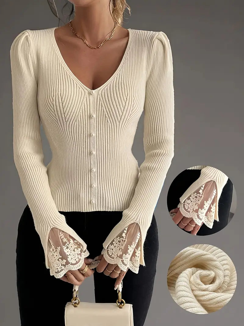 Ribbed V-Neck Top with Lace Sleeves